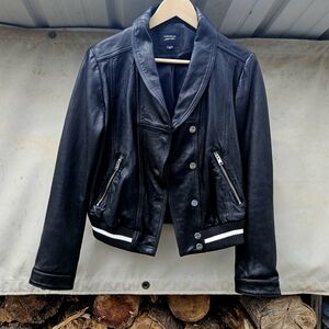 Lamarque Brand - Supple Black Leather Bomber Contrast Stripe Hem Women's MEDIUM